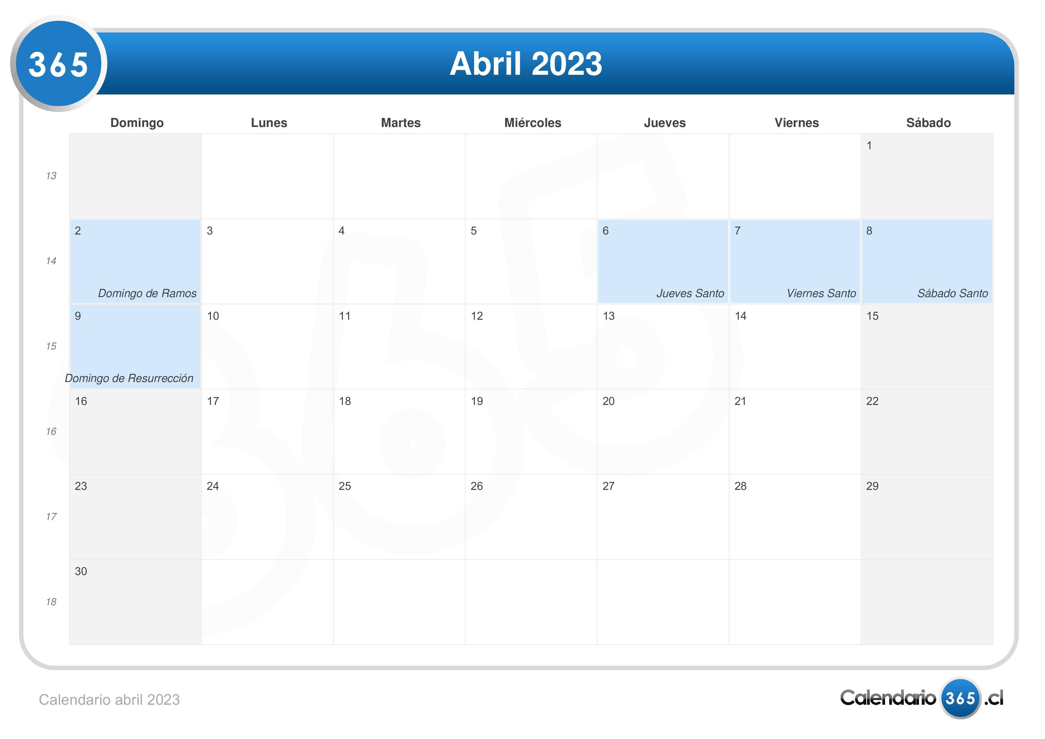 Calendario Abril 2023 Para Imprimir Mensual