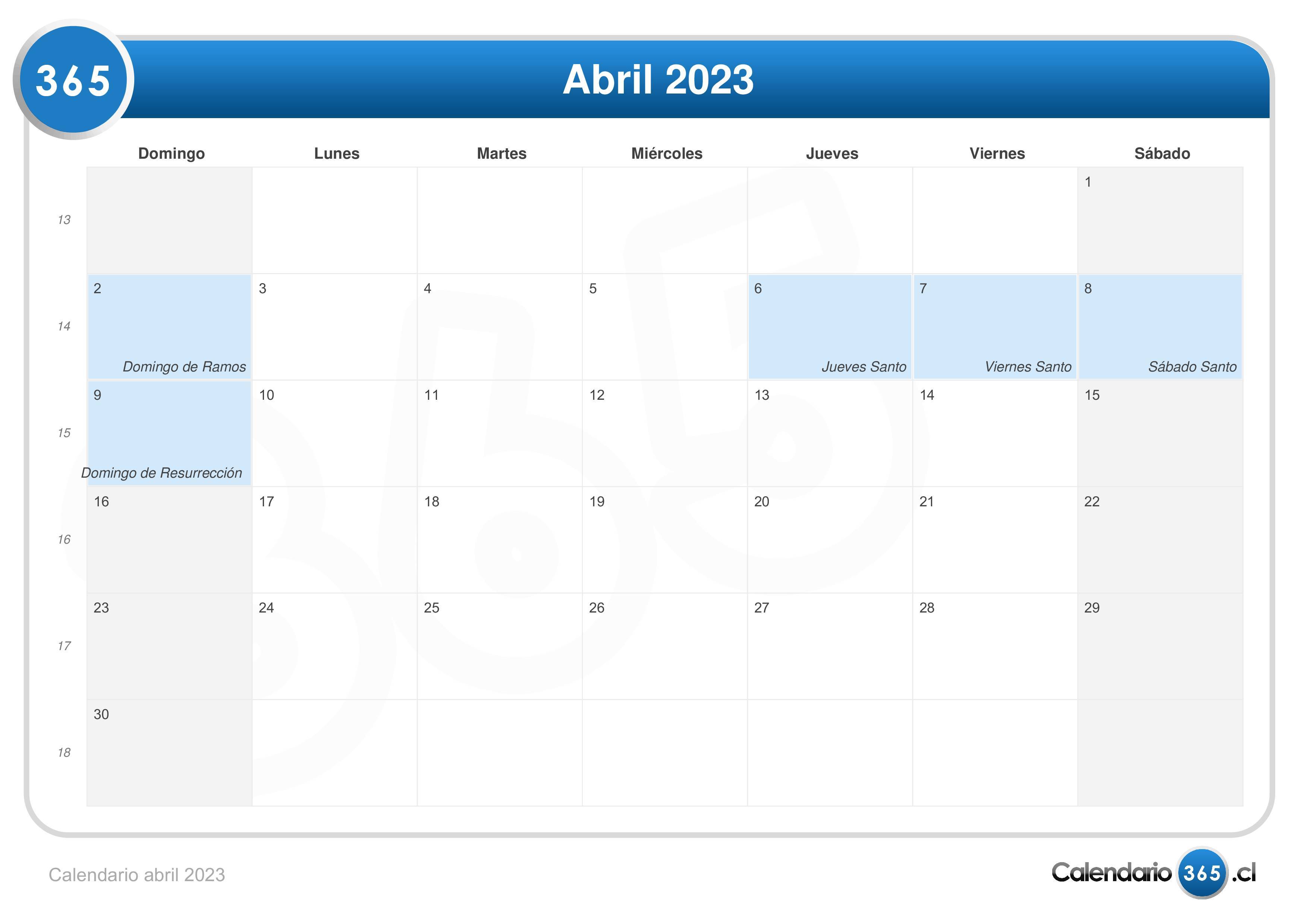 Calendario Abril 2023