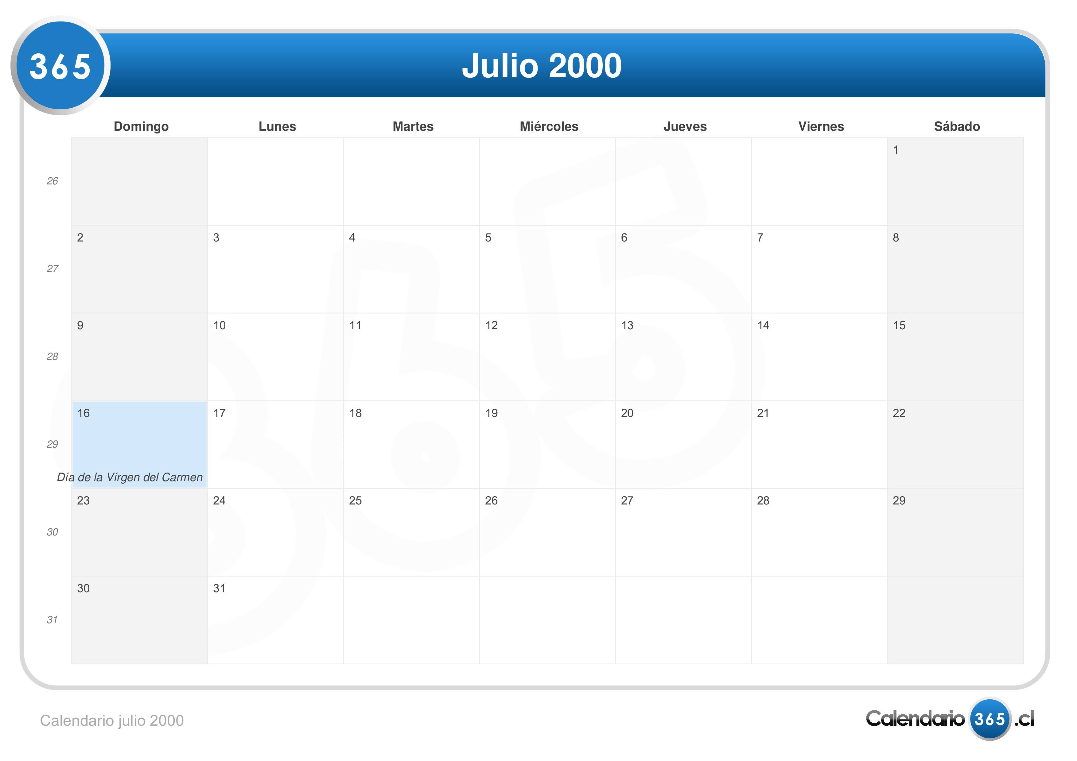 Calendario Julio 2000 calendario año 2000 cachantun