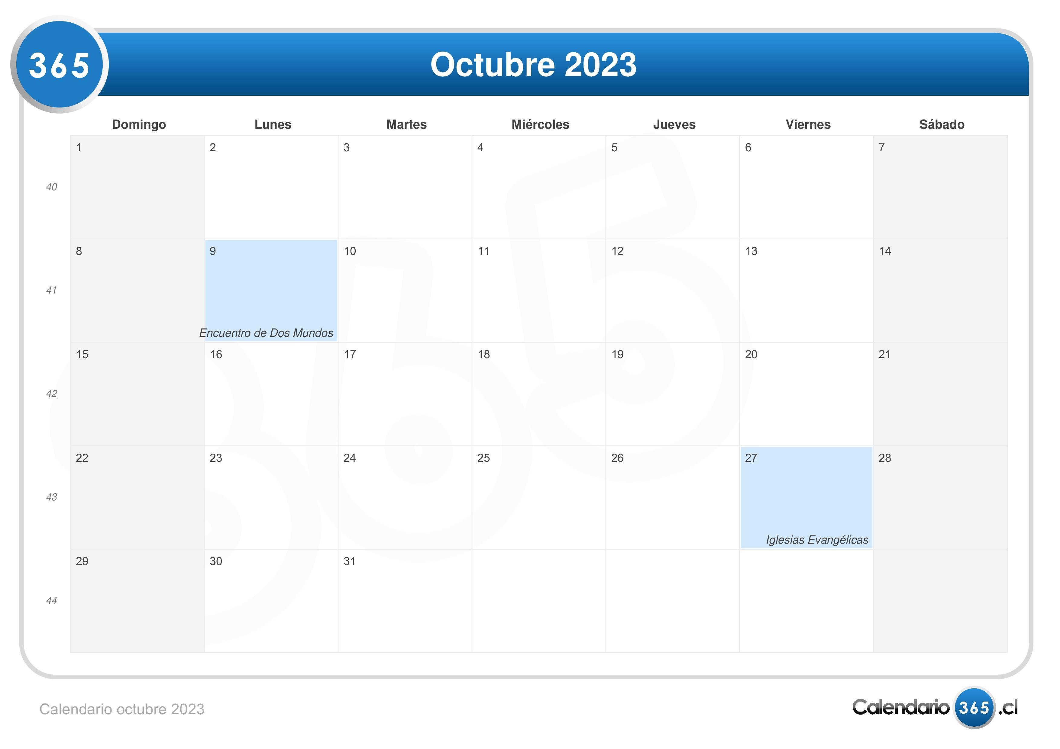 Calendario Octubre 2023