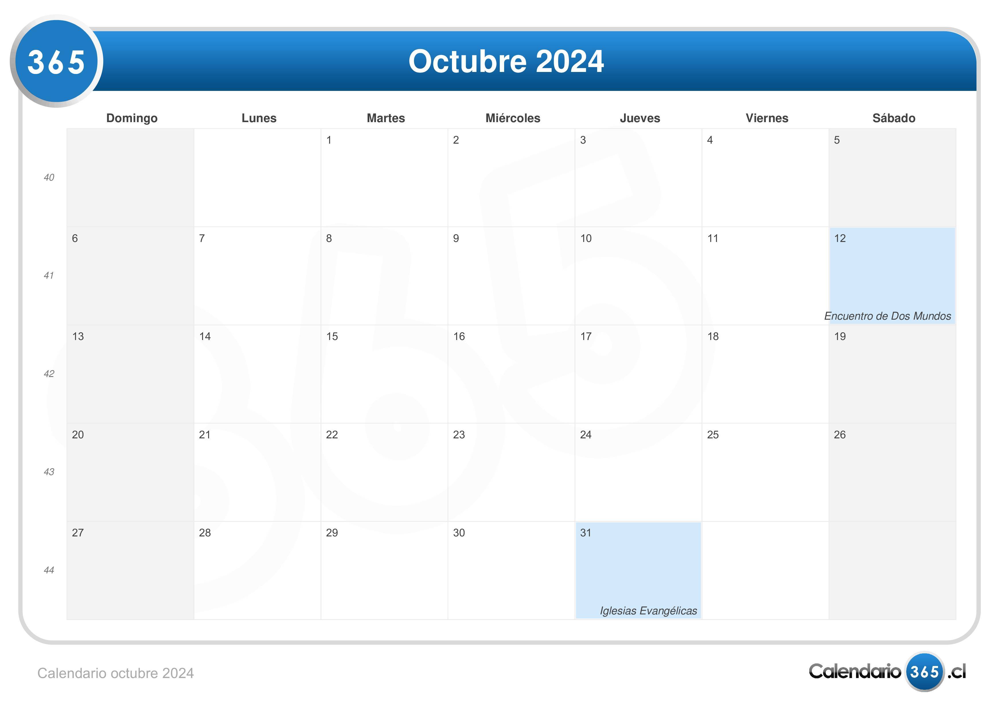 Calendario octubre 2024